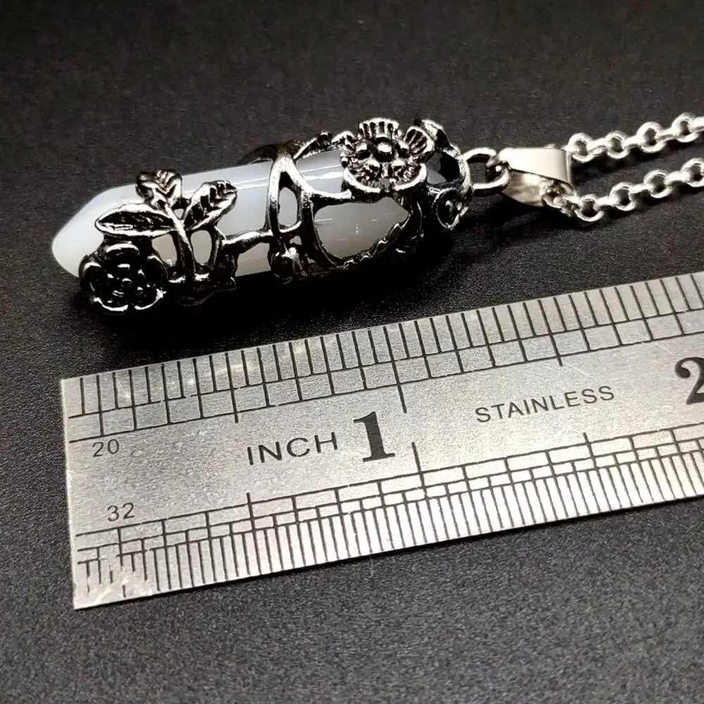 925 Silver Necklace W/ White Quartz Crystal Boho Floral Vine Women's Vtg Gift